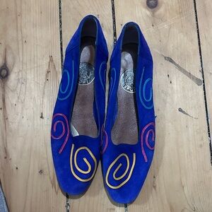 Women's Electric Blue Suede Loafers with Colorful Swirl Embroidery
